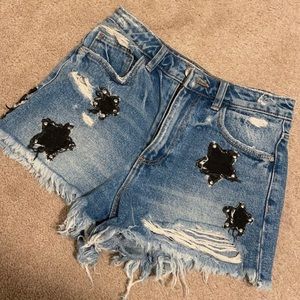 Star Embroidered Denim Shorts